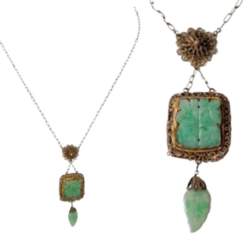 Vintage jade ornate gold filigree hanging floral leaf droplet pendant necklace